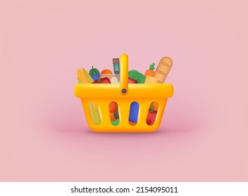 Shopping carts with foods. Food basket. 3D Web Vector Illustrations.