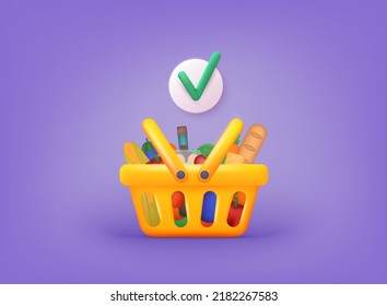 Shopping carts with foods. Food basket. 3D Web Vector Illustrations.