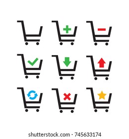 Shopping Carts icon collection (add, remove, cancel, delete, warning) flat design for app, ui, ux, web, button, interface vector isolated on white background
