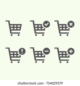 Shopping Carts icon collection (add, remove, cancel, delete, warning) simple flat design for app, ui, ux, web, button, interface glyph pictogram elements, graphic vector isolated on white background
