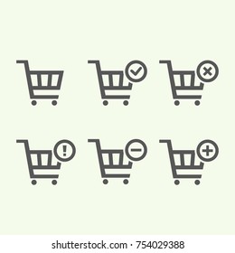 Shopping Carts icon collection (add, remove, cancel, delete, warning) simple flat design for app, ui, ux, web, button, interface glyph pictogram elements, graphic vector isolated on white background