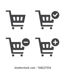 Shopping Carts icon collection (add, remove, cancel, delete, warning) simple flat design for app, ui, ux, web, button, interface glyph pictogram elements, graphic vector isolated on white background