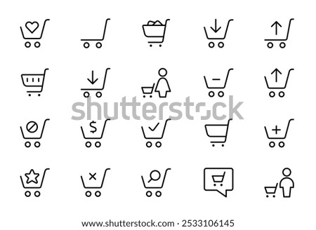 Shopping carts icon. Plus, minus, add, remove, new order, delete, online store, buy, purchase. Sale concept. Editable stroke. Vector illustration.