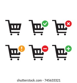 Shopping Carts icon set collection (add, remove, cancel, delete, warning) simple flat design for app, ui, ux, web, button, interface pictogram elements, graphic vector isolated on white background