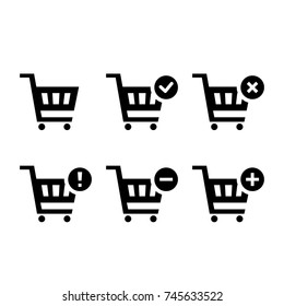 Shopping Carts icon set collection (add, remove, cancel, delete, warning) flat design for app, ui, ux, web, button, interface vector isolated on white background