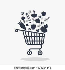 Shopping carts icon with vegetables. Objects isolated on background. Flat and cartoon vector illustration.