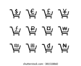 Shopping carts icons with main currency signs inside, isolated on white