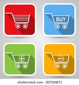 Shopping carts icons vector set. White flat miniatures with long shadows.