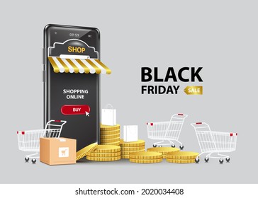 Shopping carts, parcel boxes, shopping bags and gold coins are placed next to the black smartphone store for promotion black friday and online shopping concept design,vector 3d isolated 