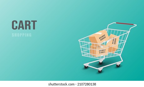 Carros de compras y cajas de paquetes sobre fondo blanco verde. Comprar concepto en línea. Diseño de concepto publicitario.