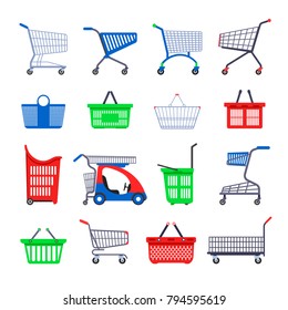 Shopping carts or shop supermarket trolley baskets vector different types flat isolated icons set