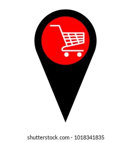 Shopping carts sign. Vector. Flat white icon in red circle at black marker on white background. Isolated.