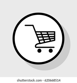 Shopping carts sign. Vector. Flat black icon in white circle with shadow at gray background.