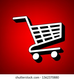 Shopping carts sign. Vector. Perspective view of white icon with black outline at reddish background.