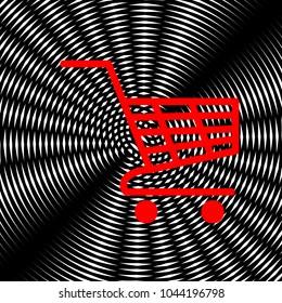 Shopping carts sign. Vector. Red icon on white and black radial interference as background.