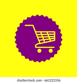 Shopping carts sign. Vector. Violet label with hole as icon on yellow background.
