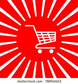 Shopping carts sign. Vector. White icon on red sun with rays as background. Isolated.