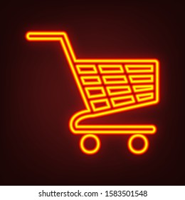 Shopping carts sign. Yellow, orange, red neon icon at dark reddish background. Illumination. Illustration.