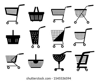 Shopping carts silhouette or shop supermarket trolley baskets vector different types flat isolated icons set.