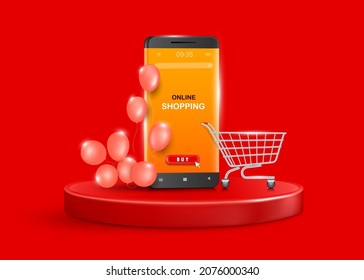 Carros de compras, smartphones y globos roides y rosados flotan delante. Todos se colocan en pedestal circular rojo para la entrega y el diseño de concepto de compras en línea, vector 3d sobre fondo rojo para la publicidad