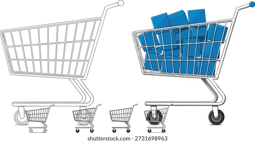 Carrinhos de compras em vários tamanhos com recipientes vazios e cheios, conceito visual de volume, escala, comportamento do consumidor, capacidade