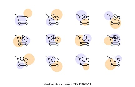 Shopping carts with website button set icon. Shop, buy, purchase, checkmark, cross, dollar, upload, download, shield, percent, discount, magnifier, plus, minus. Online store concept. Vector line icon.