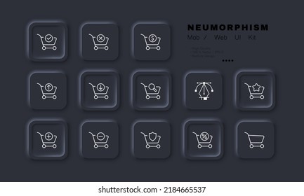 Shopping carts with website buttons set icon. Sale, online, add, remove, dollar, cross, tick, magnifier, star, plus, minus, shield, percent. Shop concept. Neomorphism. Vector line icon for Business.