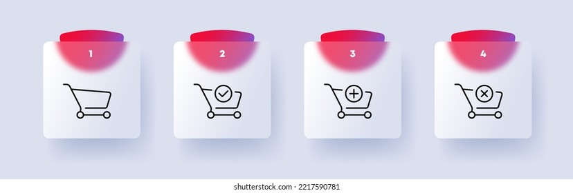 Carros de compras con el icono de juego de botones del sitio web. Marque, marca de verificación, más, cruzar, añadir, eliminar, borrar, tienda online, comprar, comprar. Concepto de venta. Estilo de glasmorfismo. Icono de línea de vector para empresas.