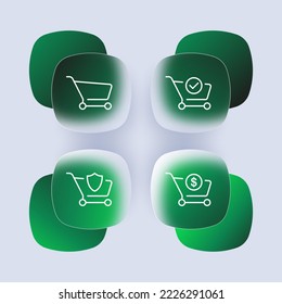 Shopping carts with website buttons set icon. Tick, checkmark, plus, cross, add, remove, delete, online store, buy, purchase. Sale concept. Glassmorphism style. Vector line icon for Business