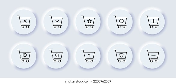 Warenkorb mit Website-Buttons gesetzt Symbol. Kreuz, tick, Online-Shop, Star, Dollar, plus, minus, Uhr, warten, Herz, hoch Pfeil, Schild, kaufen, kaufen. Verkaufskonzept. Neomorphismus. Vektorliniensymbol.