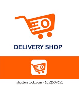 Shopping cart/trolley with initial O letter and delivery speed icon element for service delivery product online shop