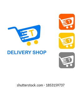 Shopping cart/trolley with initial T letter and delivery speed icon element for service delivery product online shop
