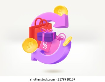 Shopping cashback concept with shopping bags. 3d vector illustration
