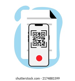 shopping cashless technology concept. scan the QR code to pay or receive notifications. smartphone on camera mode is scanning a QR code in the document. vector flat design illustration.