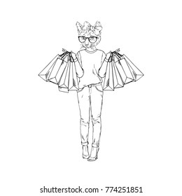 shopping cat girl, anthropomorphic animal illustration