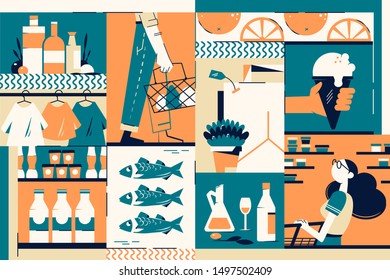 Shopping center background of customer, clothes and food. Concept woman character at the store of ice cream, fish, milk, orange and oil. Vector illustration.