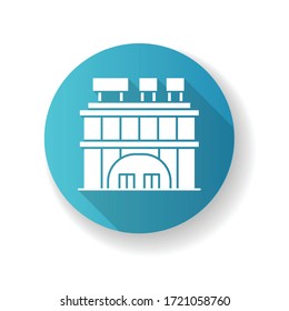 Shopping center blue flat design long shadow glyph icon. City mall entrance. Outside industrial building with signboard on roof. Commercial department. Silhouette RGB color illustration