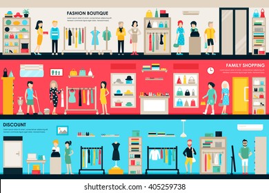 Shopping Center And Boutique Rooms Flat Shop Interior Concept Web. Fashion Clothes Customers Mall Retail Purchase