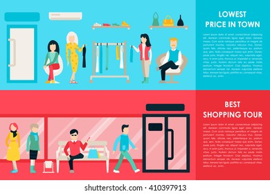 Shopping Center and Boutique Rooms flat shop interior concept web. Fashion Clothes Customers Mall Retail Purchase