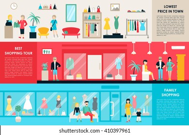 Shopping Center and Boutique Rooms flat shop interior concept web. Fashion Clothes Customers Mall Retail Purchase