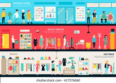 Shopping Center and Boutique Rooms flat shop interior concept web. Fashion Clothes Customers Mall Retail Purchase