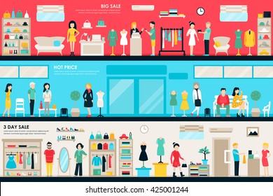 Shopping Center and Boutique Rooms flat shop interior concept web. Fashion Clothes Customers Mall Retail Purchase