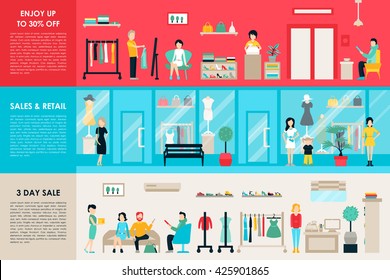 Shopping Center and Boutique Rooms flat shop interior concept web. Fashion Clothes Customers Mall Retail Purchase