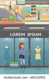 Shopping Center, Boutique Rooms and jewelry store. Supermarket interiors collection. People in a mall. Set buying products cartoon illustration