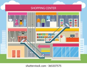 Shopping center buiding design. Shopping mall, shopping center interior, restaurant and boutique, store and shop, architecture retail, urban structure commercial illustration. Supermarket shop