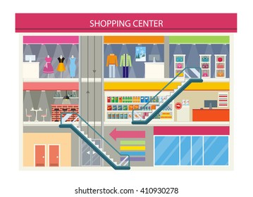 Shopping center buiding design. Shopping mall, shopping center interior, restaurant and boutique, store and shop with cafe, architecture retail, urban structure commercial vector illustration