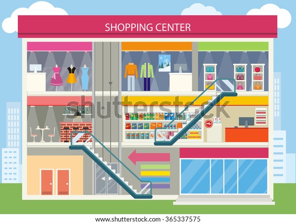 ショッピングセンターのデザイン ショッピングモール ショッピングセンター内部 レストランとブティック 店舗と店舗 建築小売 都市構造商業イラスト スーパーマーケットショップ のベクター画像素材 ロイヤリティフリー