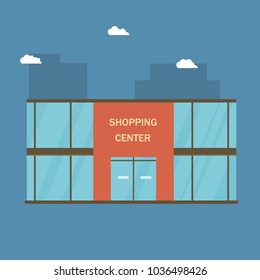 Shopping center building with large windows. Moll or supermarket in the city. Vector