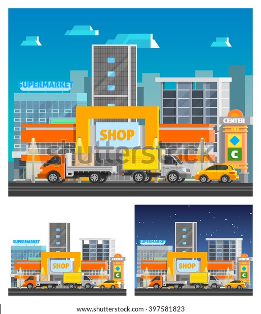 Shopping center building orthogonal compositions set\
with equipment and clothes symbols flat isolated vector\
illustration 