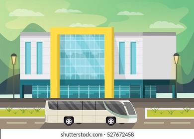 Shopping center building street lighting and bus on road natural landscape in background orthogonal vector illustration